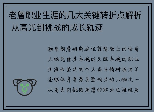 老詹职业生涯的几大关键转折点解析 从高光到挑战的成长轨迹